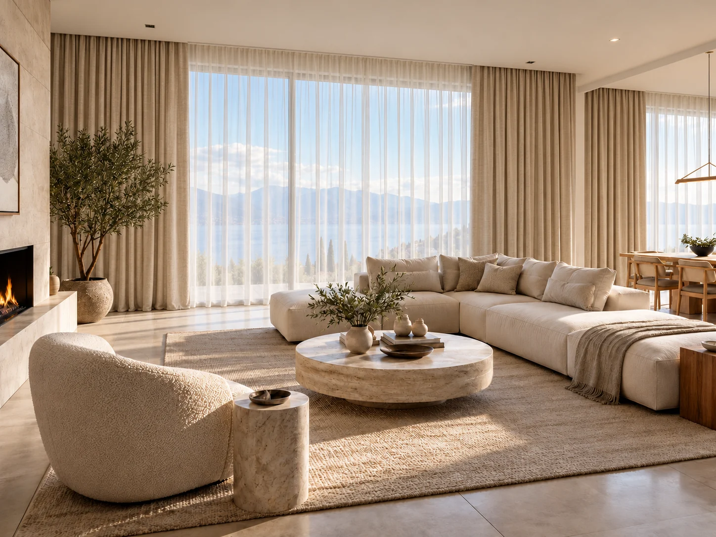 Lakeside living room with white sheer + warm beige linen — layered curtain concept