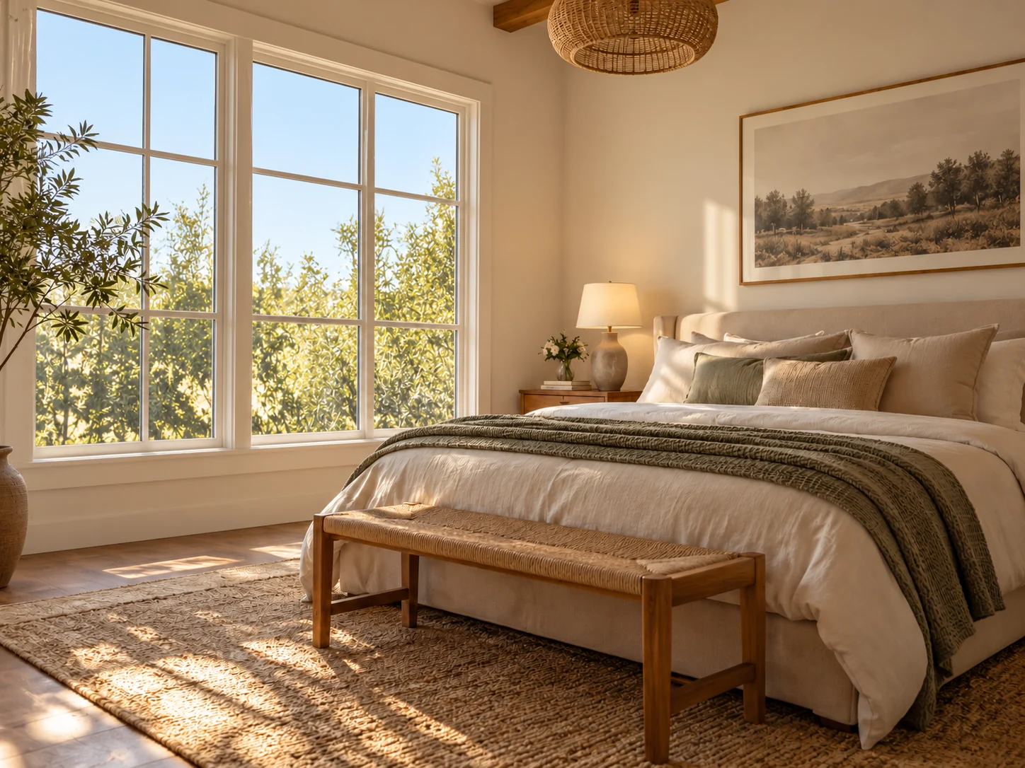 Sunlit bedroom with ivory sheer + champagne silk — curtain-free view